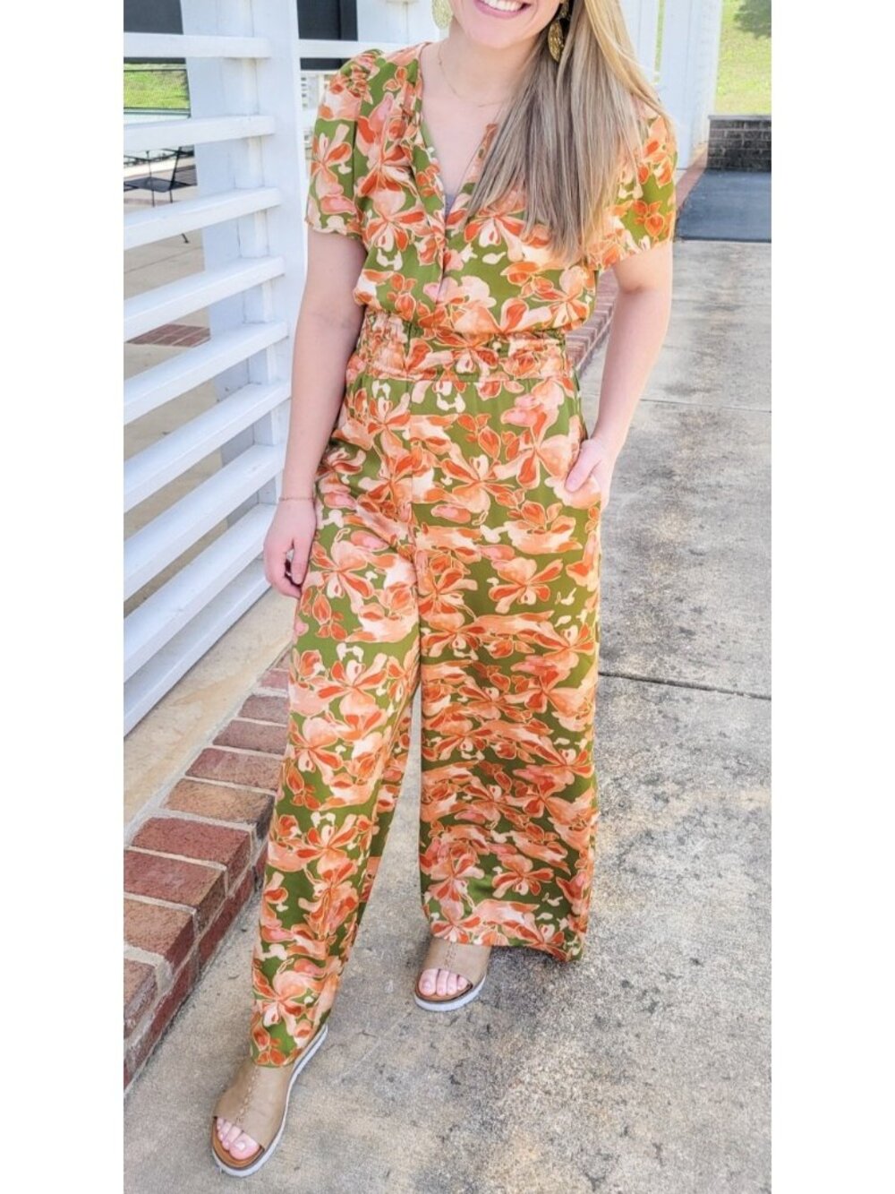 ee:some Women's Green Floral Fiona Jumpsuit Size Large Wide Leg Short Sleeve NWT